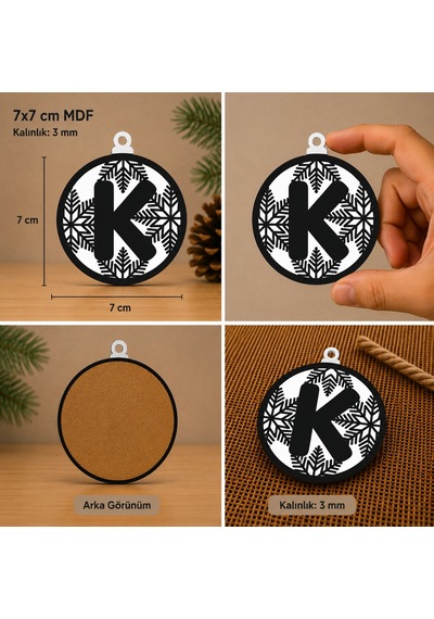 K Harf Yılbaşı Süsü Mdf Çam Ağacı Desenli Asılabilir Dekor 7x7 Cm