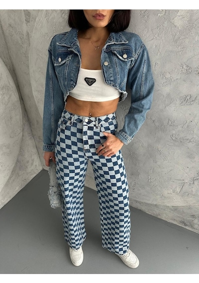 Kare Desenli Wide-leg Pantolon Mavi