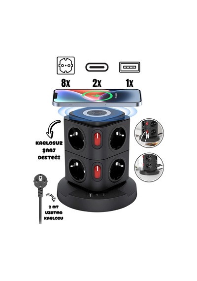 Akım Korumalı Priz Kablosuz Şarj İstasyonu 8xsoket 1xusb 2xtype-c 2 Mt Kablolu Grup Priz Çoğaltıcı 2 M