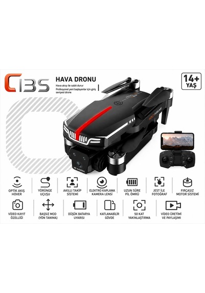C13s Hava Dronu Optik Akış Fırçasız Motor Wifi Cam Başsız Mod Katlanabilir Tek Tuş Kalkış İniş Geri Dönme Engel Algılama Elektirkli Kamera 3 Lü Lens Led Işıklı