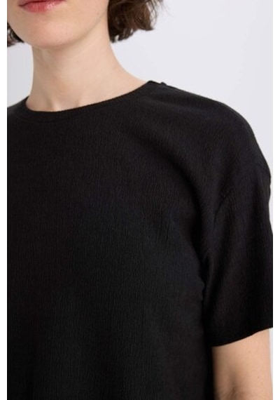 DeFacto Relax Fit Bisiklet Yaka Basic Düz Bürümcük Kısa Kollu Siyah Tişört C3843AX25SPBK81 Siyah