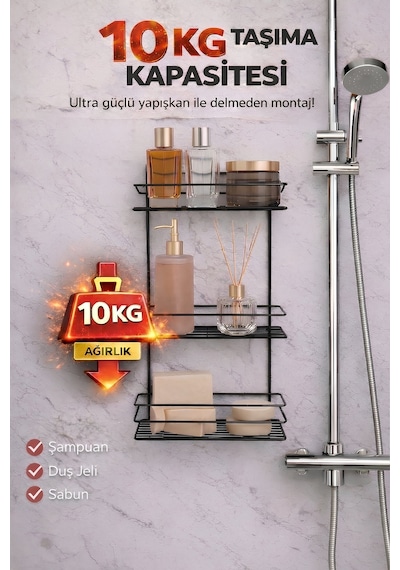 Sas Haus 3 Katlı Siyah Yapışkanlı Banyo Rafı, Şampuanlık Duş Düzenleyici, Paslanmaz Metal Banyo Duvar Askısı - TŞ-03