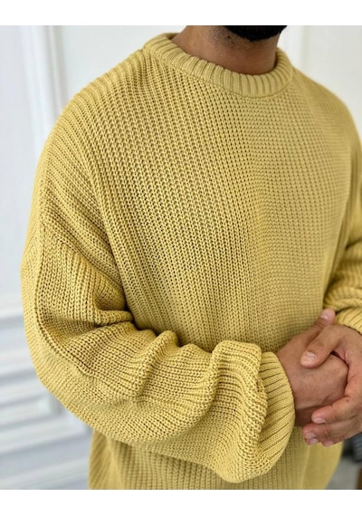 Elku Moda Kazak Oversize Çift Kat Örme Naturel Pamuk Bol Kesim Tüylenmeyen Salaş Triko Kazak Hardal