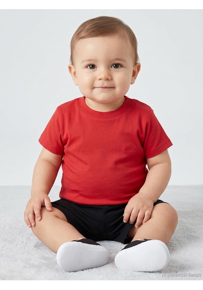 Civil Baby Balık Nakışlı 6-18 Ay Tişört - Kırmızı Koyu Mercan