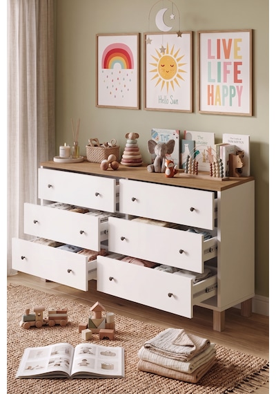 Robin Home Lena Bebek Çocuk Odası Geniş Şifonyer 6 Çekmeceli Ahşap Ayaklı Sepet-beyaz