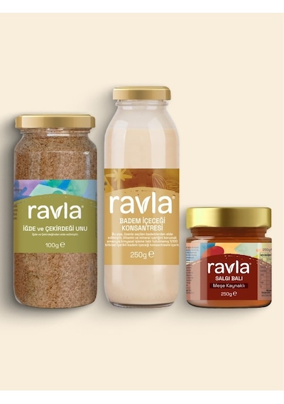 3'lü Ürün - Ravla Badem İçeceği Konsantresi - 250g /ravla Salgı Balı Meşe Kaynaklı - 250g/ravla İğde Unu 100g