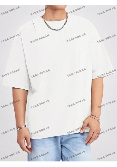 Düz Erkek 3 Baskısız Baskılı Oversize Kalıp Unisex T-shirt Beyaz