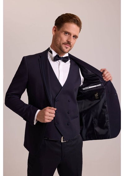 Ysf Erkek Lacivert Slim Fit Yelekli Damatlık