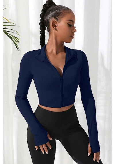 Fantezia Night Kadın Bordo Uzun Kol Fermuarlı Parmak Geçme Detaylı Dik Yaka Crop Top Bluz Lacivert
