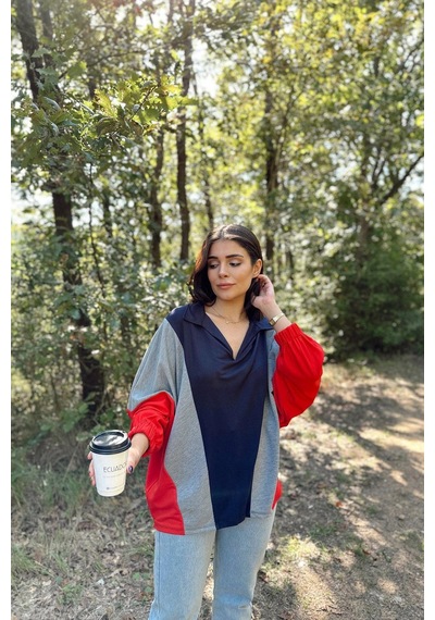 WeShaya Kadın Lacivert Polo Yaka, Yarasa Kol, Lastikli Manşet, Asimetrik Color Block, Salaş Sweatshirt Bluz Lacivert