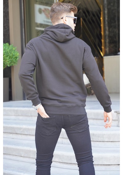 Madmext Siyah Kapüşonlu Nakışlı Erkek Sweatshirt 6145-siyah Siyah