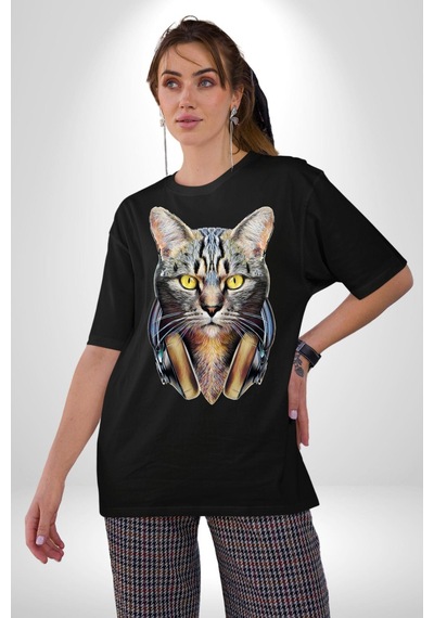 Kulaklık Kedi Pamuklu Bisiklet Yaka Unisex Oversize Boyfriend Dijital Baskılı Siyah T-shirt Siyah