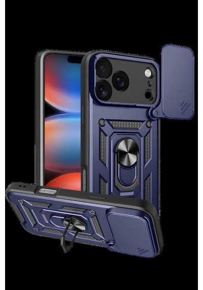 Apple Uyumlu iPhone 17 Pro Kılıf Sürgülü Kamera Korumalı Yüzüklü Stand Olabilen Magnetic Tpu Tank Kapak