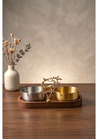 Küllük Ahşap Sunumluk Lüks Geyik Stand Gold-gümüş Metal İkili Dekoratif Küllük Gold