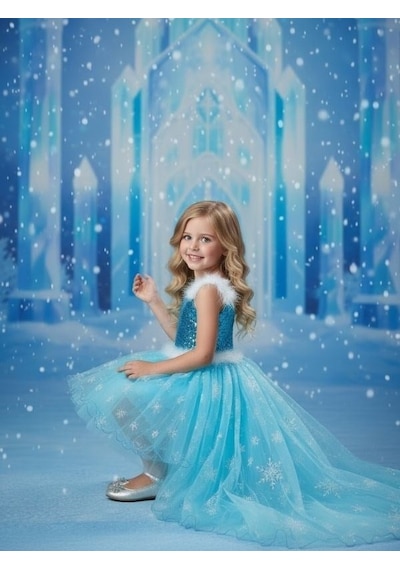 Zekids Kız Çocuk Önü Kısa Arkası Uzun Frozen Abiye Elbise-17118 Mavi