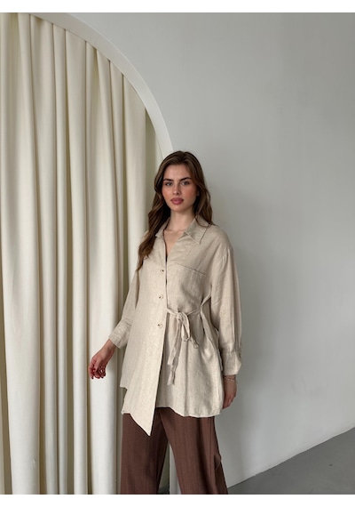 Laluvia Natural %100 Pamuk Çapraz Düğmeli Beli Kemerli Gömlek Natürel