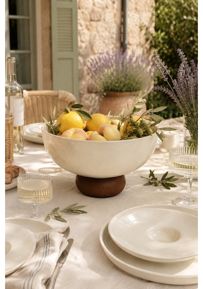 Ayaklı Seramik Salata Kasesi 19 Cm Ahşap Tabanlı Meyvelik Ve Servis - Sunum Kasesi Krem - 890571069