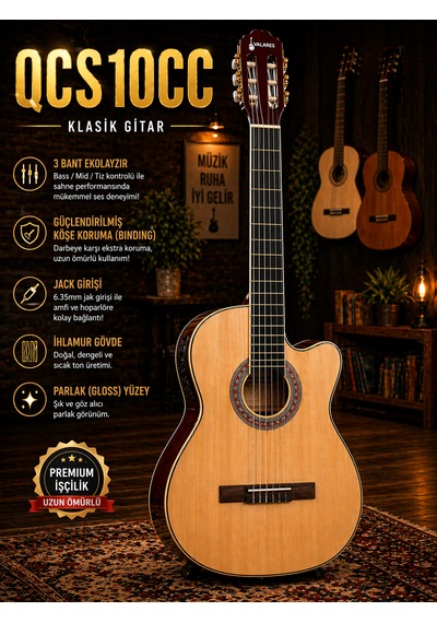 Qcg10cs Elektro Klasik Gitar Ve Seti 3 Bant Ekolayzır Üst Seviye Sahne Performansı Full Aksesuar Hediye Yeni Ürün Natural