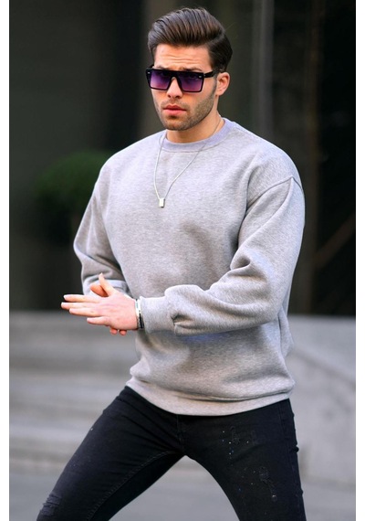Madmext Grimelanj Bisiklet Yaka Oversize Şardonlu Basic Erkek Sweatshirt 6048 Grimelanj
