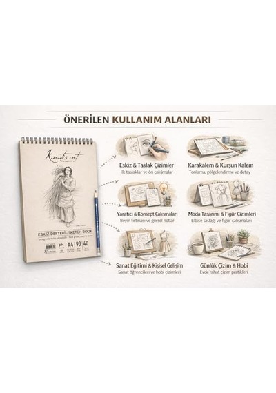A4 Eskiz Defteri, İnce Grenli, Kolay Silinebilir Ph Nötr Kağıt, Spiralli Sketch Book, 90 G/m², 40 Yaprak, Çizim Ve Karakalem İçin