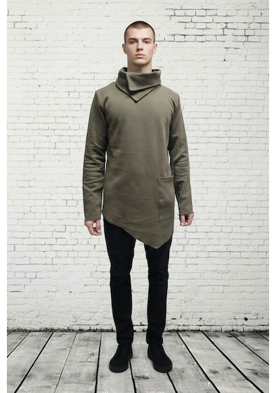 Şal Yaka Cep Detaylı Erkek Sweatshirt Haki