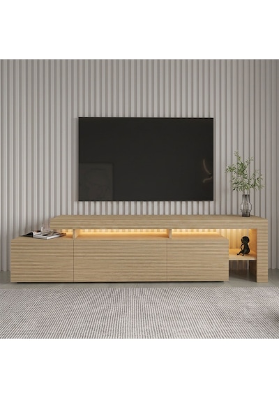 Beliz Modern Led Işıklı 3 Kapaklı, Raflı Tv Sehpası 192 Cm Sıcak Meşe/safir Meşe