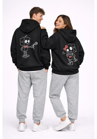 Nevermınd Robot Baskılı Sevgili Kombini Oversize Hoodie Seti Kadın Erkek Unisex Siyah Siyah