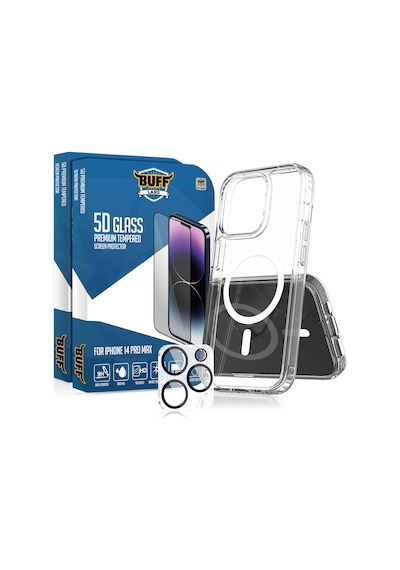 Buff Apple iPhone Uyumlu  14 Pro Max - 2x5d Ekran Koruyucu + Magsafe Kılıf + Lens Koruyucu Glass Şeffaf