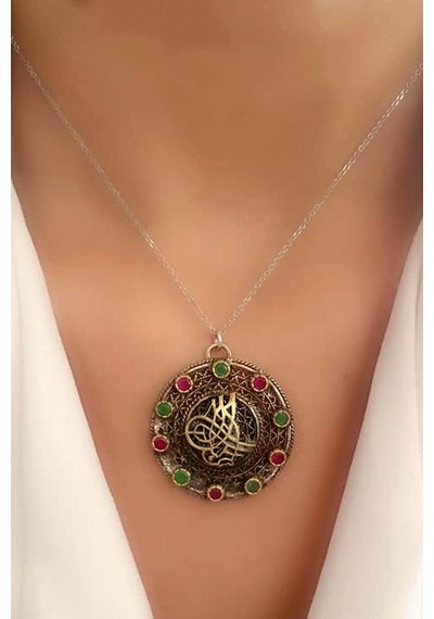 Kök Yakut ve Zümrüt Taşlı 925Ayar Gümüş Otantik Kolye