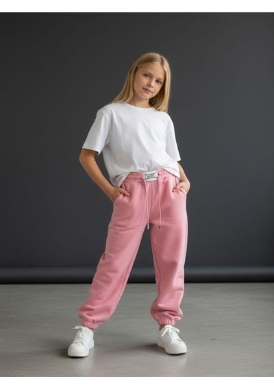 Kız Çocuk İnce Şardonlu Oversize Tasarım Eşofman Alt-16473 Pembe