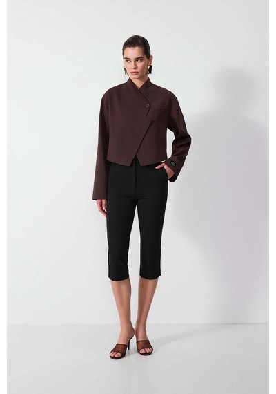Vatkalı Diagonal Crop Blazer Ceket-16645 Kahverengi