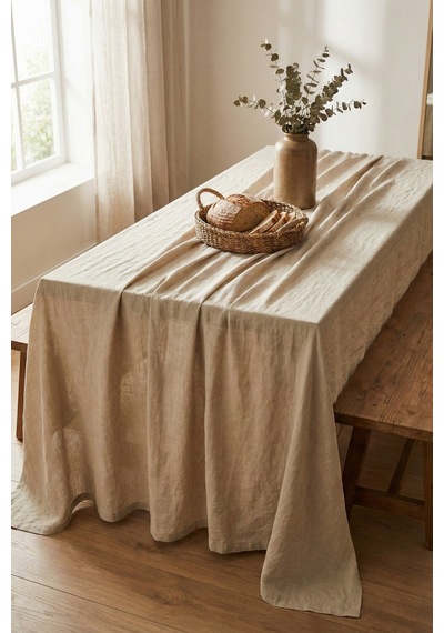 Linen Vintage Naturel Keten Masa Örtüsü - Ham Bej Yıkanmış Keten Bohem Sofra Örtüsü