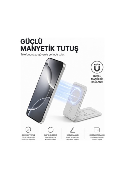 Magsafe Cüzdan Kartlık Güçlü Manyetik Standlı Telefon Kartlığı İphone Uyumlu Deri Cüzdan Gri