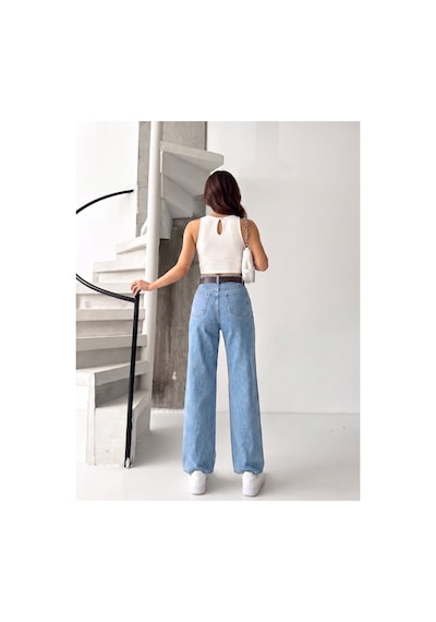 Kene Jeans Buz Kar Kemerli Likralı Bol Paça Denim Pantolon Buz Kar