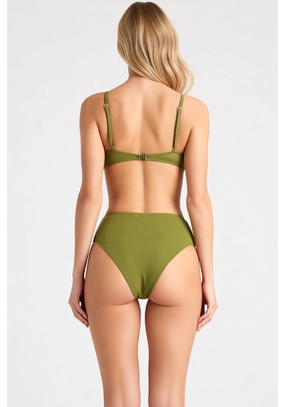 Benerly Kadın Bikini Takımı Straplez Kaplı Yüksek Bel Slip Aksesuar Detay Haki