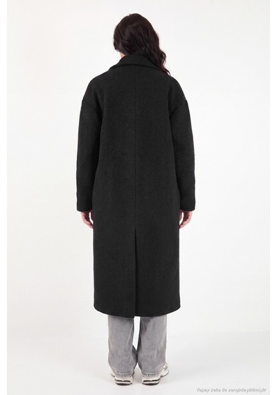 Lela Oversize Fit Mono Yaka Düğmeli Buklet Uzun Kaşe Kaban Kadın Kaban 6811997 Siyah