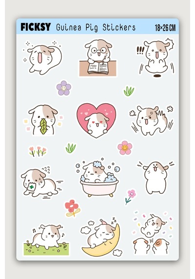 Kawaii Stili Sevimli Guinea Pig Sticker Seti - 17 Adet Gine Pig Etiket Çıkartma Çok Renkli
