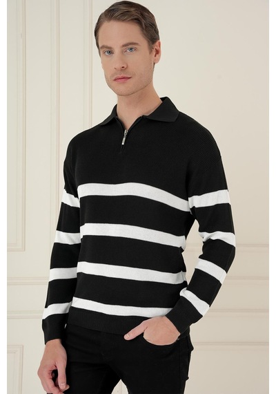 Efor Slim Fit Çizgili Fermuarlı Polo Yaka Siyah Triko Kazak Tr 877 Siyah