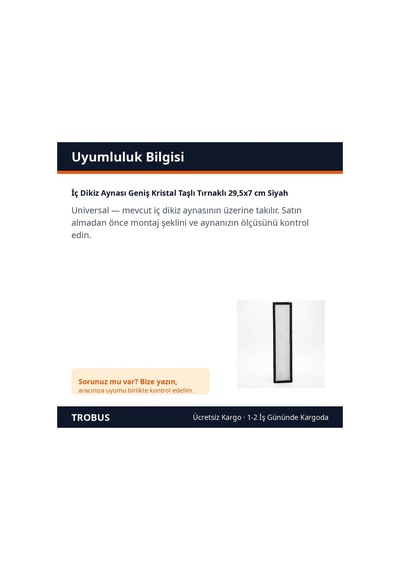 Trobus İç Dikiz Aynası Geniş Kristal Taşlı Tırnaklı 29,5x7 Cm Siyah
