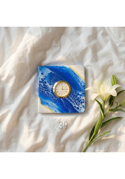 15x15 Cm El Yapımı Geode Masa Saati Altın Quartz Masaüstü Saat 5 Cm Kalınlık Beyaz - Mavi
