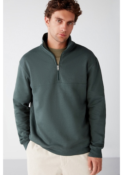 Grımelange Frame Erkek Yarım Fermuarlı Dik Yakalı Yumuşacık Kumaşlı Polarlı Regular Yeşil Sweatshirt