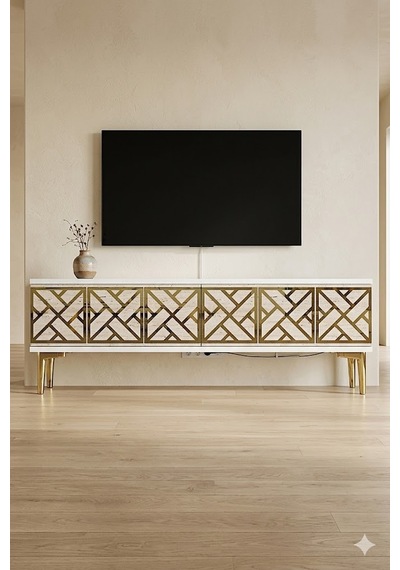 Tsa1238btg Arex Tv Sehpası Beyaz-traverten-gold 120cm