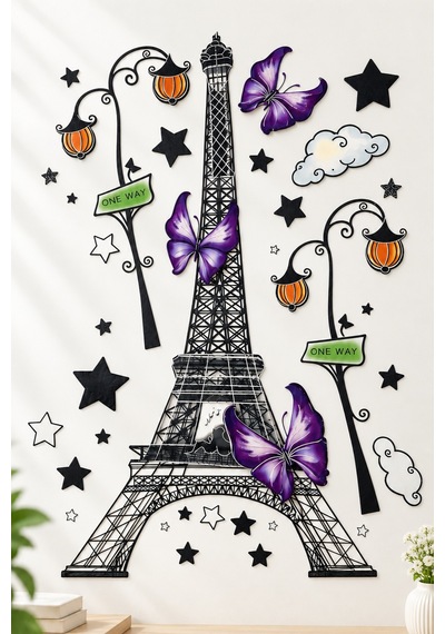 3d Renkli Eyfel Kulesi Duvar Stickerı 32x50 Cm Mor Kelebekli Paris Temalı Oda Duvar Dekorasyonu