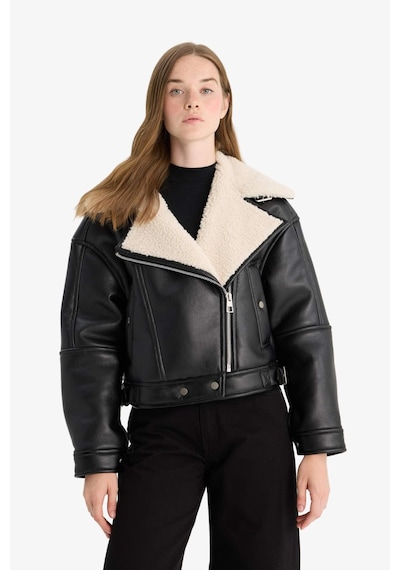 Defacto Oversize Geniş Kalıp Suni Kürk Astarlı Fermuarlı Suni Deri Ceket Mont F1826ax25wnbk27 Siyah-bk27