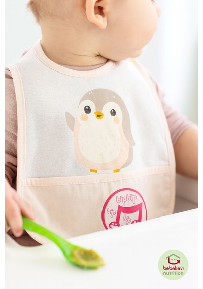 Düdüklü Cepli Sıvama Mama Önlüğü - Minik Penguen Pembe Bebek Önlüğü Açık Pembe