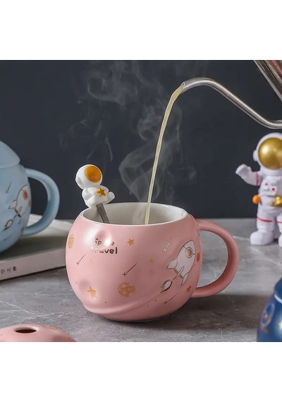 Astronot Temalı Porselen Kupa Bardak - Pembe