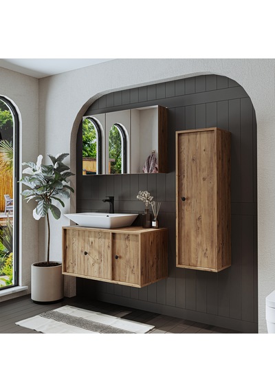 Lavabolu Mat Mdf 90 Cm Çekmeceli Banyo Dolabı + Aynalı Üst Dolabı Atlantik Çam