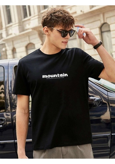 Erkek Siyah Oversize Mountain Baskılı T-shirt Siyah-68414