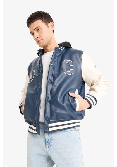 Defacto Regular Fit Kolej Yaka Çıkarılabilir Kapüşonlu Çıtçıtlı Suni Deri Bomber Mont E9972ax25aunv64 Lacivert