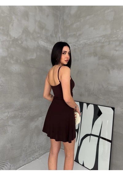 Moda Kadın Askılı Şifon Mini Elbise Drapeli Bel Vücuda Oturan Yazlık Şık - Kahverengi Çok Renkli